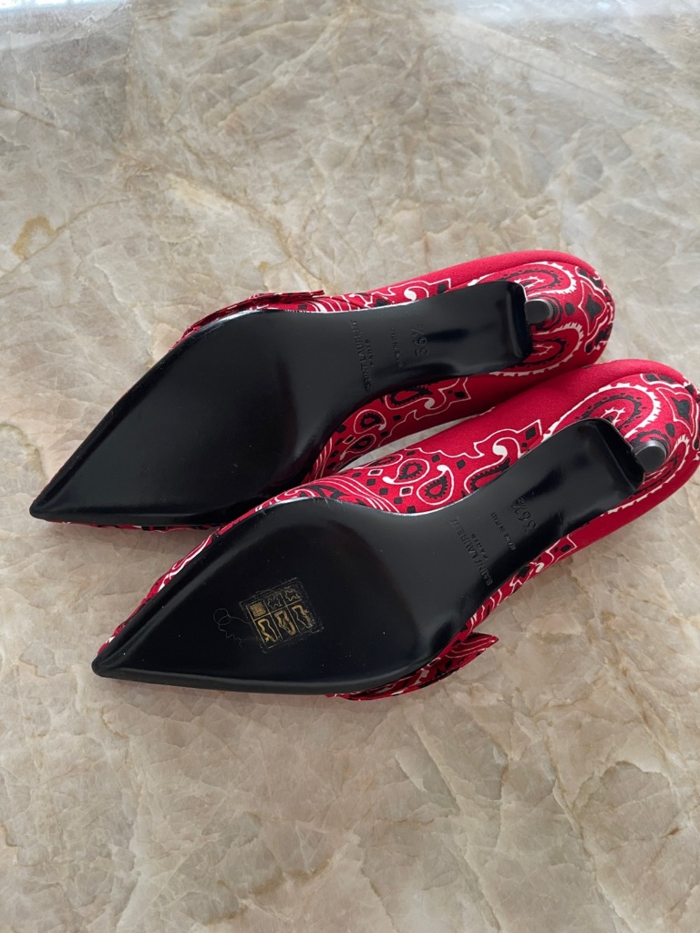 Saint Laurent Red Paisley Pointed Toe Knotted Kitten Heels 👠 - Picture 3 of 8
